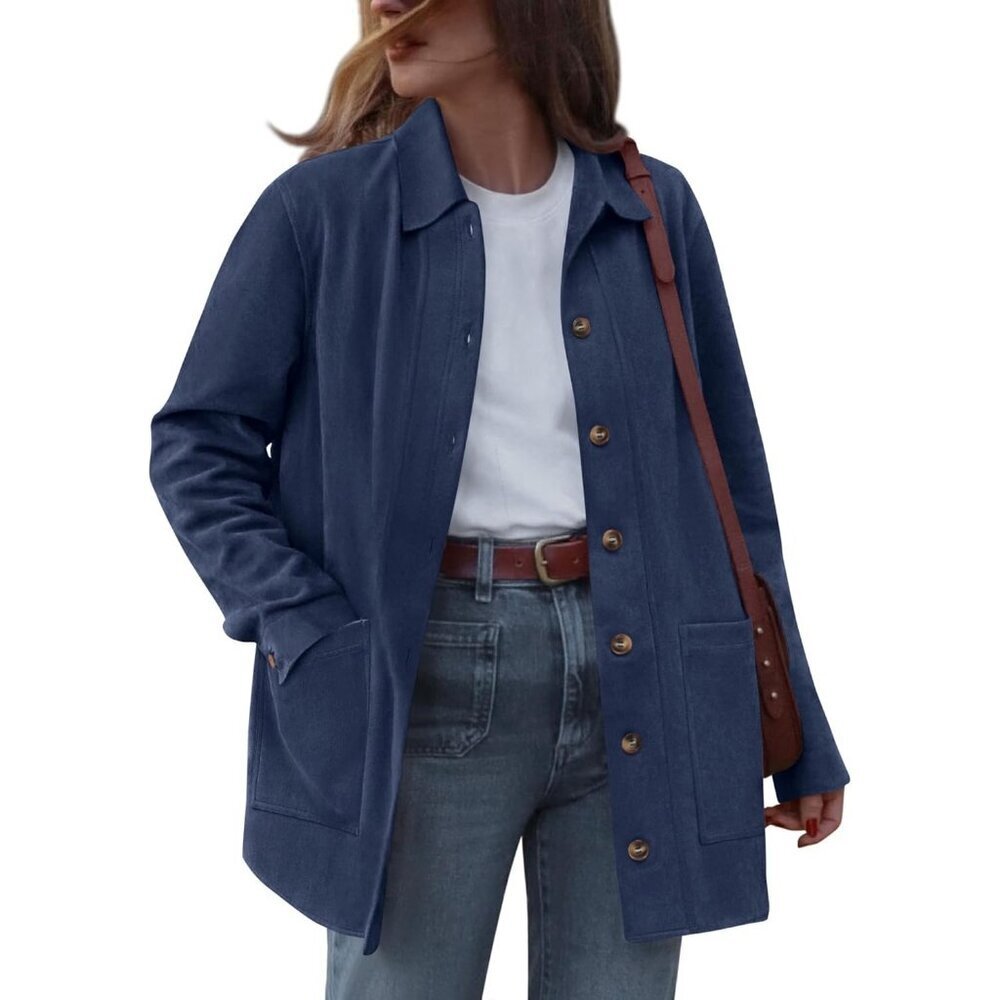 Women's Faux Leather Long Sleeve Navy Blue Button Down Jackets Coats Outerwear
